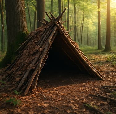 A Frame shelter made from logs in forest with sunlight shining through