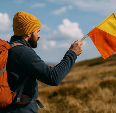 Solo hiker waving orange and yellow flag in dry grassland, signaling for search and rescue in survival situation