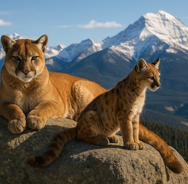Two mountain lions resting on boulder with snow-capped peaks, symbolizing predator awareness and wilderness animal encounters