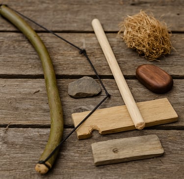 Bow drill fire-starting set with cord spindle tinder and fireboard