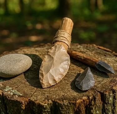 Primitive stone knife with natural fiber wrapping displayed on tree stump with flint chips for bushcraft tool making