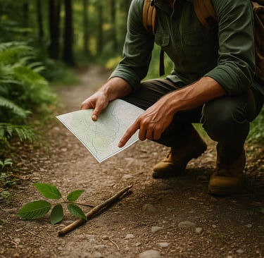 Hiker using compass and topographic map on trail, practicing land navigation and survival route planning