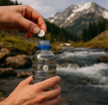 Inserting water purification tablet into bottle near alpine river