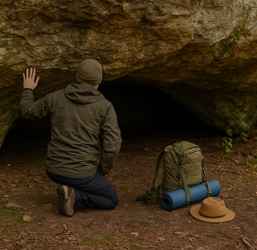 Man scouting rock cave entrance for emergency shelter