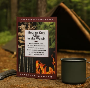 Book cover of How to Stay in the Woods by Bradford Angier near tent and mug