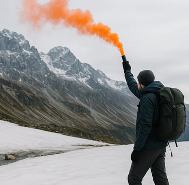 Man signaling for rescue with orange flare in snowy alpine terrain, emergency survival and mountain distress alert