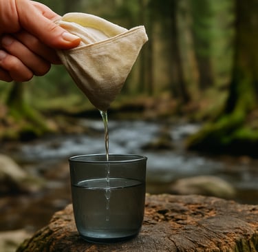Pouring filtered water into clear cup using cloth in wilderness