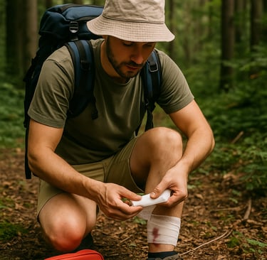 Hiker treating leg wound with wilderness first aid kit on forest trail