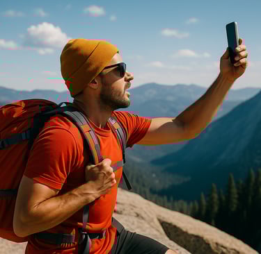Lost hiker using smartphone for GPS in mountain wilderness, survival communication and location tracking outdoors