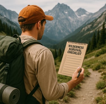 Hiker with wilderness survival checklist in mountain trail, prepping essentials for outdoor adventure planning