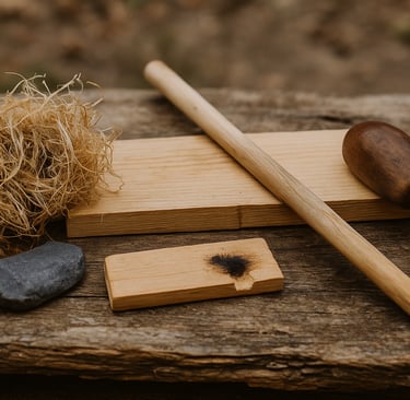 Hand drill fire-starting kit with spindle tinder and fireboard