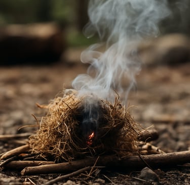 Smoldering tinder nest with smoke rising during fire-starting process