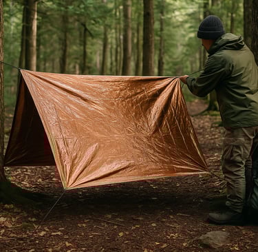 Setting up reflective emergency blanket as survival shelter