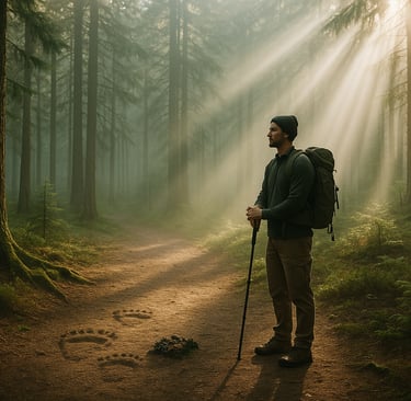 Hiker discovers fresh bear tracks and scat in forest trail during solo backpacking trip through the wilderness