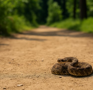 Venomous rattlesnake coiled on forest trail in dry outdoor environment warning hikers of potential snakebite danger