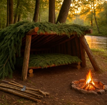 Lean-to shelter with evergreen roof & Bough Bed beside fire in pine forest