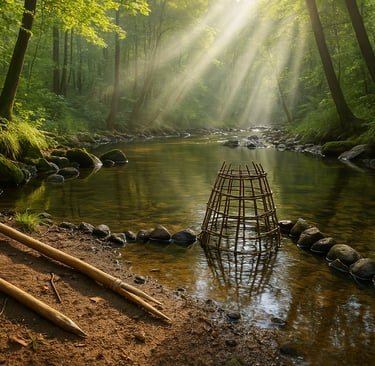 Primitive fish trap set in river with wooden guide poles and natural light showing wilderness survival fishing method