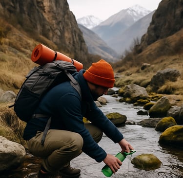 Backpacker filtering water from river in remote mountain wilderness
