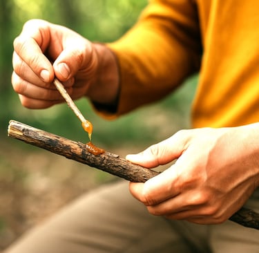 Man scraping stick to collect or apply natural resin, survival crafting with primitive glue for repairs and tools