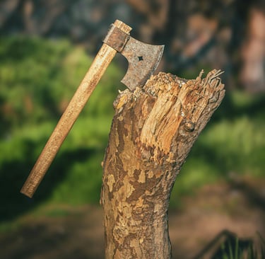 Hatchet embedded in log stump, used for bushcraft wood processing and shelter building