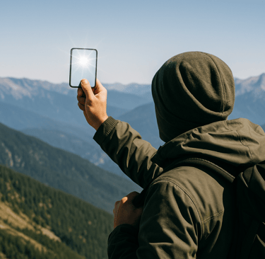 Hiker holding smartphone for signal or navigation on mountain ridge