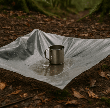 Solar still collecting dew in tarp with cup set in forest soil
