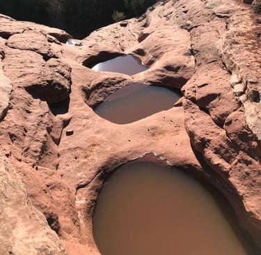 Natural desert rock pools filled with rainwater, emergency water source in arid survival environments