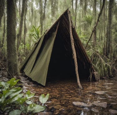 Tarp shelter set up in swampy forest, primitive wilderness shelter for wet terrain survival