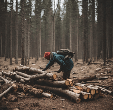 Wilderness hiker stacking logs, bushcraft firewood prep and survival shelter site