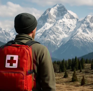 Backpacker with red wilderness first aid kit in remote mountain terrain, prepared for hiking emergencies and survival