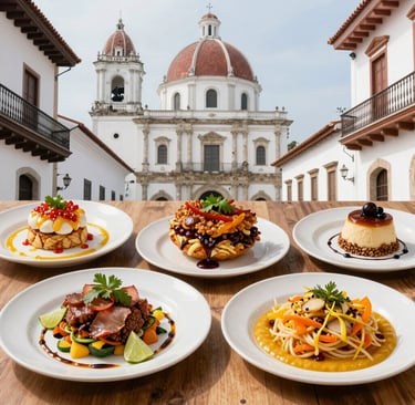 A table topped with plates of food and bowls of soup