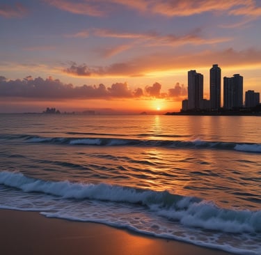 City skyline sits against a cloudy sky.