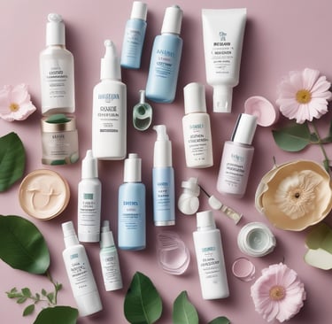 A collection of skincare products is artfully arranged on an olive green backdrop. Several cylindrical bottles and jars, some with labels, are prominently displayed. A large leaf is being held above the setup, adding a natural, organic element. Small rocks and green gummies are scattered around, enhancing the aesthetic presentation.