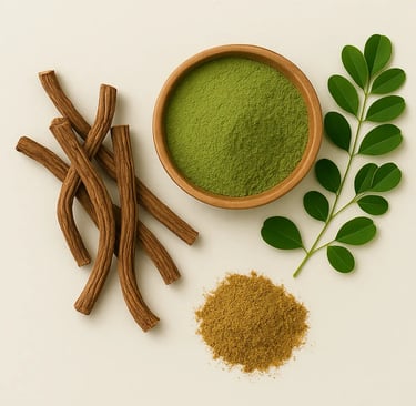 Ayurvedic herbs flat lay with wooden bowl of green powder, dried roots, leaves, and spice powder.