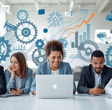 Equipe de uma pequena empresa sorrindo enquanto utiliza um software de automação de marketing para o