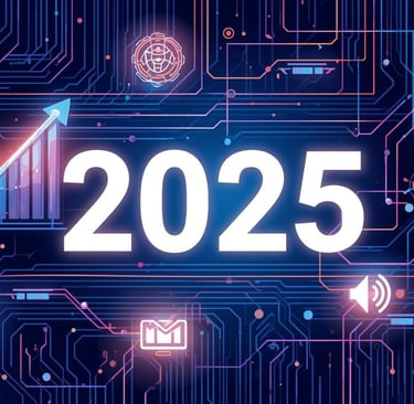 Gráfico de crescimento apontando para o ano de 2025, com ícones representando as tendências de SEO