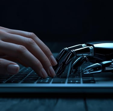 Mão humana e mão robótica digitando juntas em um teclado, simbolizando a colaboração e a IA.