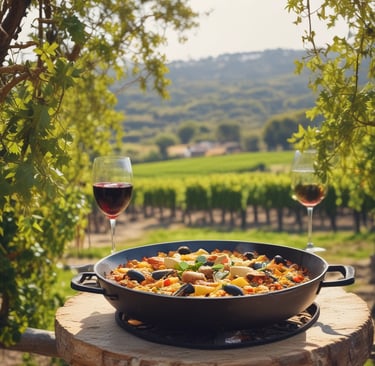 Two glasses of white wine are positioned on a table covered with a brown cloth. Fresh green grapes are scattered around, alongside a wooden platter displaying slices of cheese and charcuterie. Overhead, grapevines hang down, providing a natural canopy.
