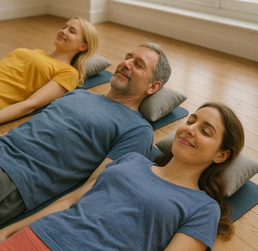 Entspannte Menschen liegen auf Yogamatten – Gruppenhypnose für Gelassenheit und innere Balance“