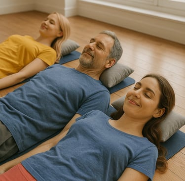 Entspannte Menschen liegen auf Yogamatten – Gruppenhypnose für Gelassenheit und innere Balance“