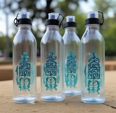 A sleek, modern glass water bottle with black lettering stands upright against a softly lit background. The bottle has a distinctive, elegant spout attachment, resembling a sophisticated dispenser or faucet, casting a gentle shadow.