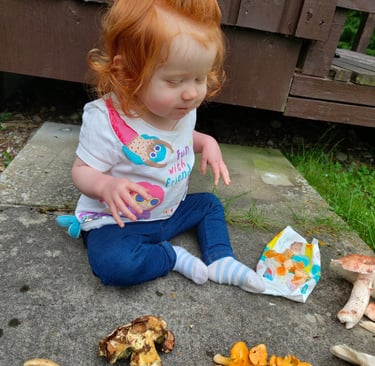 a toddler with mushrooms