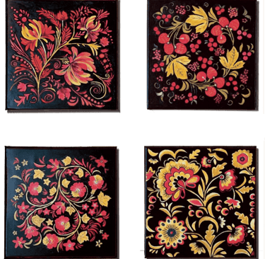 A set of four 12x12 paintings featuring Russian Khokhloma style designs