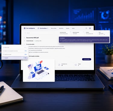 A laptop on a desk displays an AI-powered document intelligence software analyzing a PDF for data extraction.
