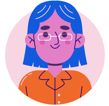 Ilustración de una mujer sonriente con cabello azul y anteojos en un avatar circular. @Freepik.