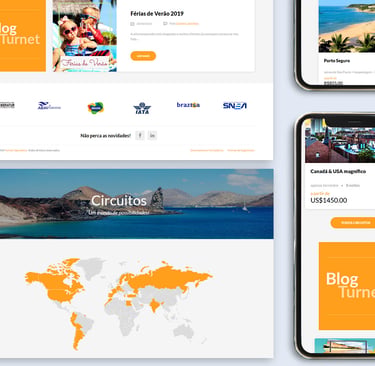 Responsive travel agency website design shown on desktop and mobile smartphone screens.