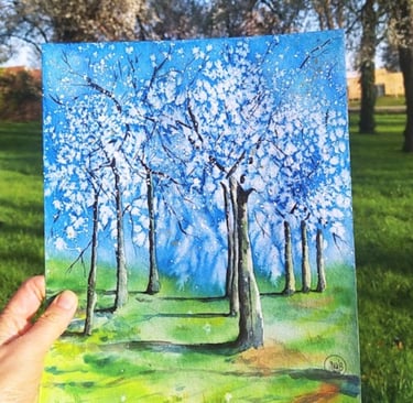 aquarelle arbres foret bleue vert printemps premiers frissons
