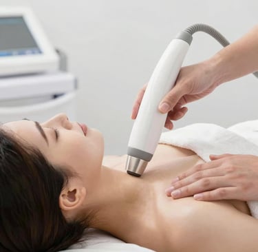 Soft-focus image of a serene spa room with calming lights and cozy treatment chairs.