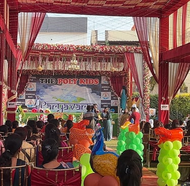 a stage with a stage and a stage with balloons