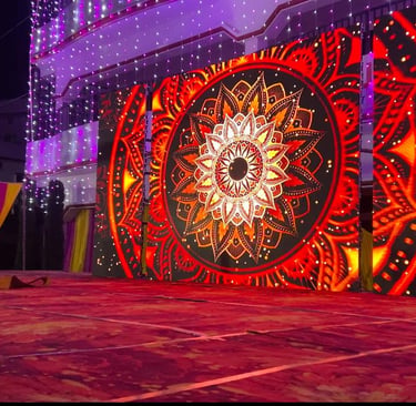 a stage with a large display of lights and decorations
